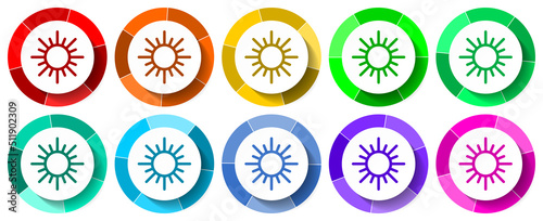 Sun icon set, summer flat design vector illustration in 10 colors options for mobile applications and webdesign
