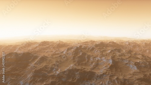 Mars like red planet, with arid landscape, rocky hills and mountains, for space exploration and science fiction backgrounds. 