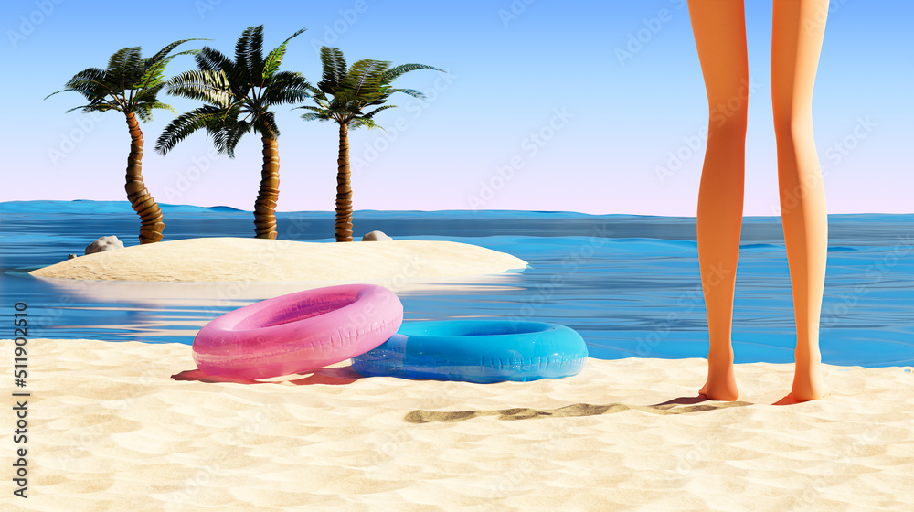 Beautiful legs on the background of the beach. Seascape, beach and sandy island in the ocean. Tropical island with palm trees and legs, 3d rendering. Exotic travel, paradise vacation
