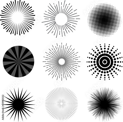 Vector rays of lights for a vintage background. Logo design materials, Sunny rustic icons. Modern design elements  