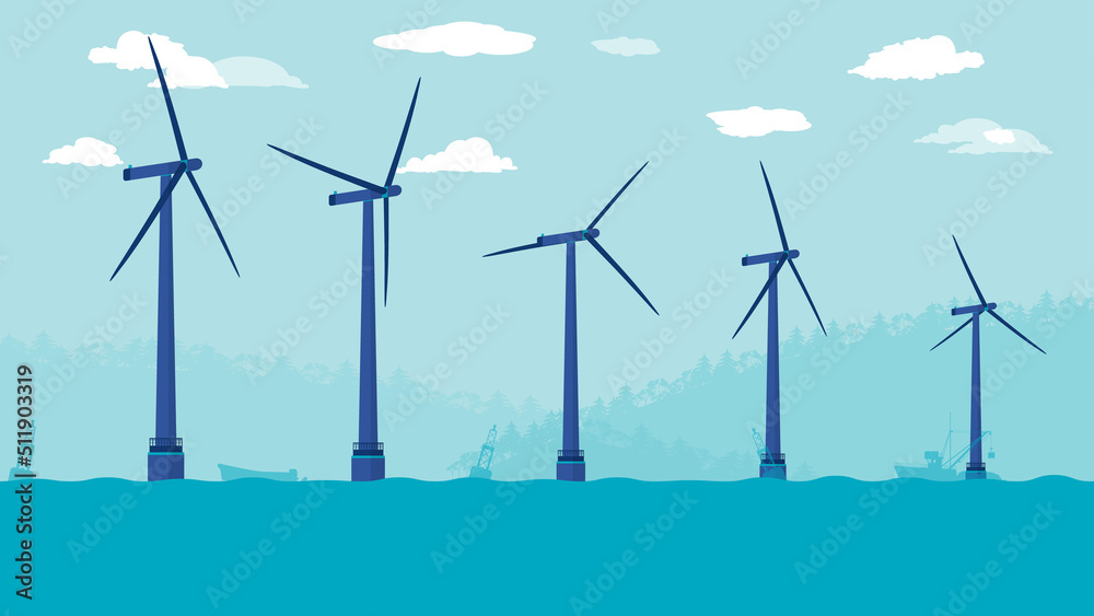flat cartoon side view of Offshore wind turbine farm at Ocean or sea flat cartoon side view of Offshore wind turbine farm at Ocean or sea