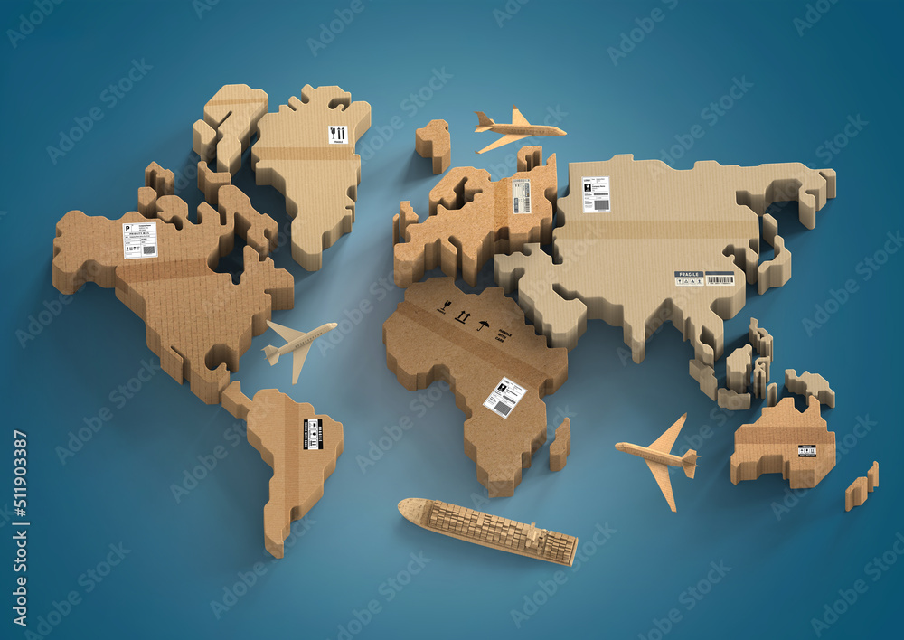 Carton world map. Global logistics, shipping and worldwide delivery  business, 3d illustration Illustration Stock | Adobe Stock