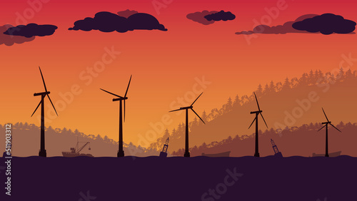 silhouette of Offshore wind turbine farm in sea on orange gradient background