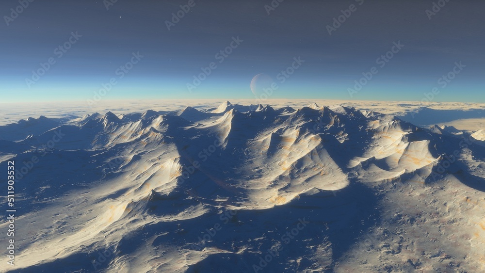 Fototapeta premium Mars like red planet, with arid landscape, rocky hills and mountains, for space exploration and science fiction backgrounds. 