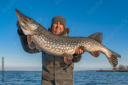 Successful pike fishing. Happy fisherman hold huge muskie fish