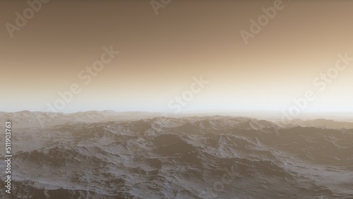 Mars like red planet, with arid landscape, rocky hills and mountains, for space exploration and science fiction backgrounds. 