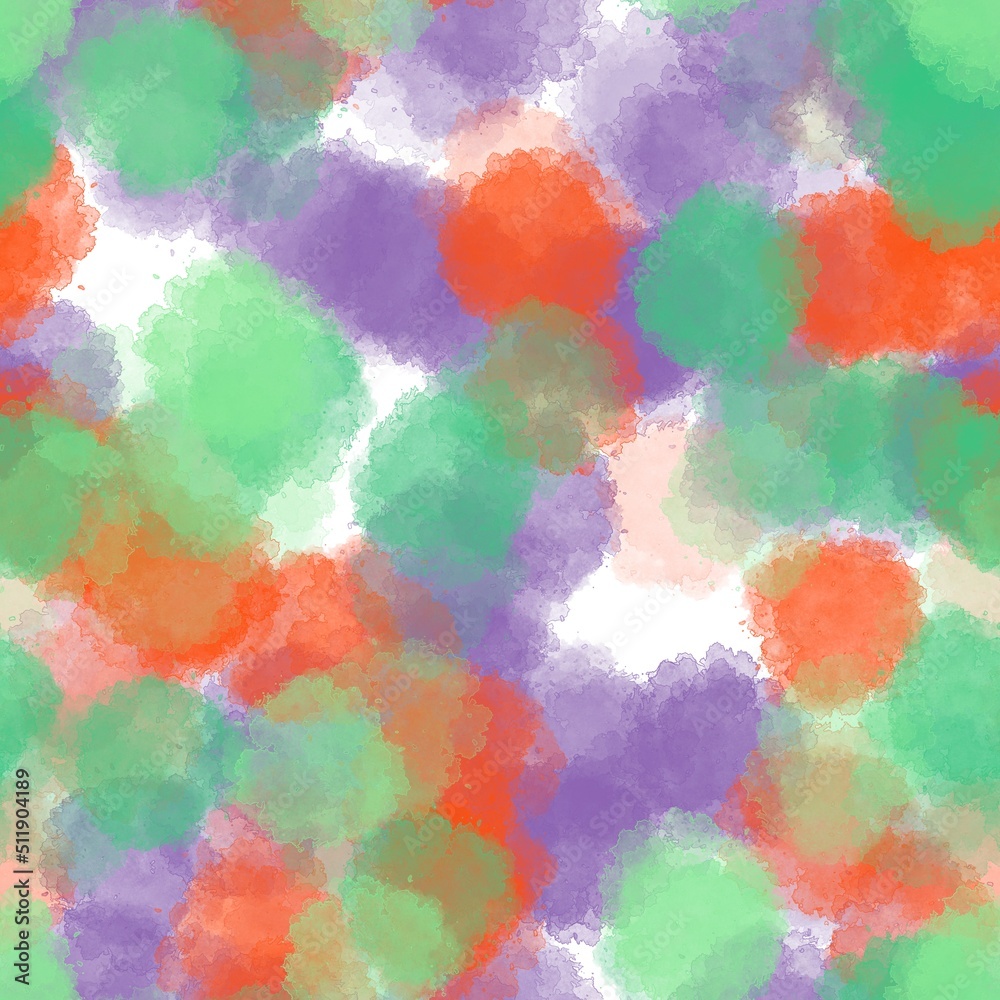 Abstract big red, green and violet spots. Watercolored brush strokes. Seamless pattern.