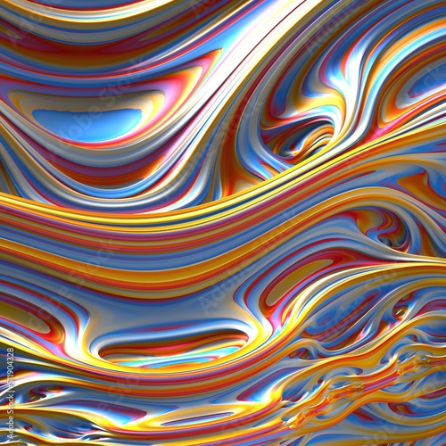 Abstract grey, yellow, red and blue colored 3d waves. 3d illustration, 3d rendering. © Tamara