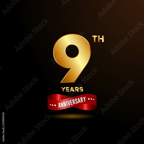 9 years anniversary logo with red ribbon for booklet, leaflet, magazine, brochure poster, banner, web, invitation or greeting card. Vector illustrations.