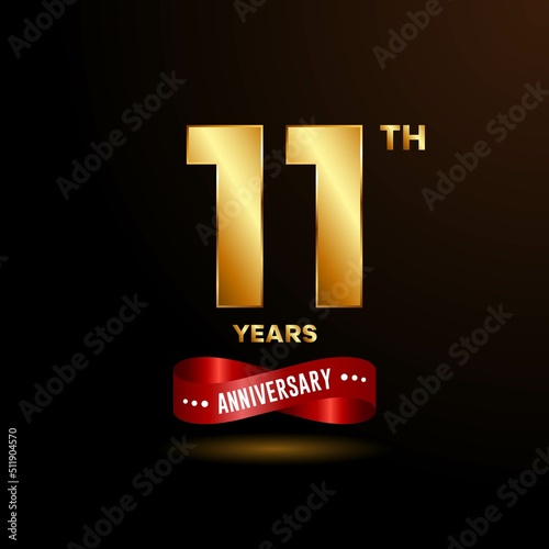 11 years anniversary logo with red ribbon for booklet, leaflet, magazine, brochure poster, banner, web, invitation or greeting card. Vector illustrations.