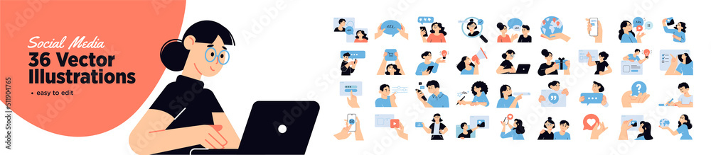 Set of social media people illustrations. Flat design vector illustrations of social network, digital marketing, online communication, internet services.  - obrazy, fototapety, plakaty 