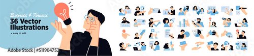 Set of business and finance people illustrations. Flat design vector illustrations of business, management, payment, market research and data analysis, communication. 