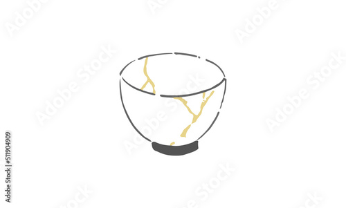 お皿　茶碗　金継ぎの線画イラスト