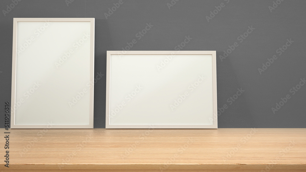 Frame mock up on wooden table, desk or shelf. Gray plaster wall background with copy space, interior design template Frame mock up on wooden table, desk or shelf. Gray plaster wall background with copy space, interior design template