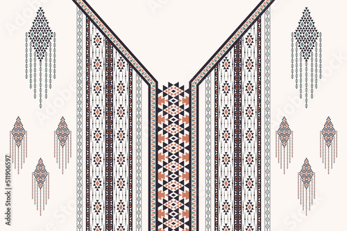 Vector ethnic aztec geometric V-shape neckline pattern. Tribal art brown-green color design.