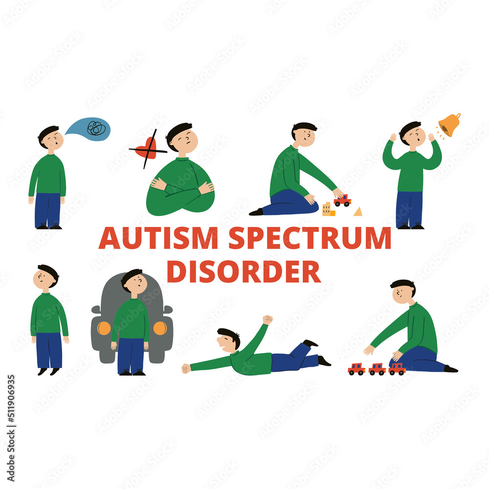 Symptoms of autism flat infographics with child. Behaviour disorders vector illustration. Symptoms of autism flat infographics with child. Behaviour disorders vector illustration.