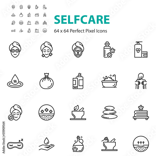 set of selfcare line icons, health skin, beauty, skincare