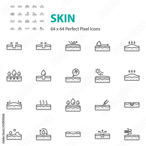 set of skin line icons, skincare, epidermis