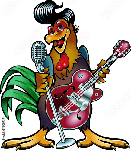 Cartoon rooster in rockabilly style holding guitar and microphone