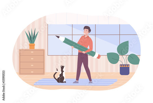 Man working on design project with big pencil