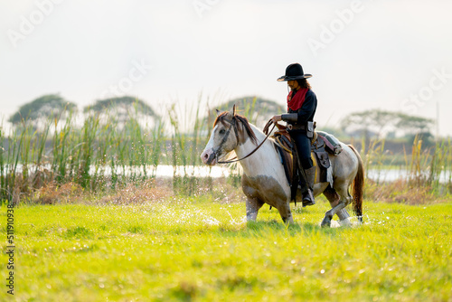 One cowboy with hat control horse to walk through grass field cover by water near river and show some splash during walking.