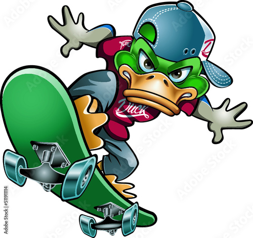 mallard duck riding on a skateboard