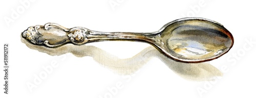Watercolor vintage metal spoon on white background.