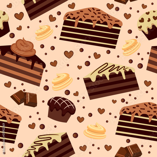 seamless pattern with chocolate brownies and muffins. chocolate products. vector illustration