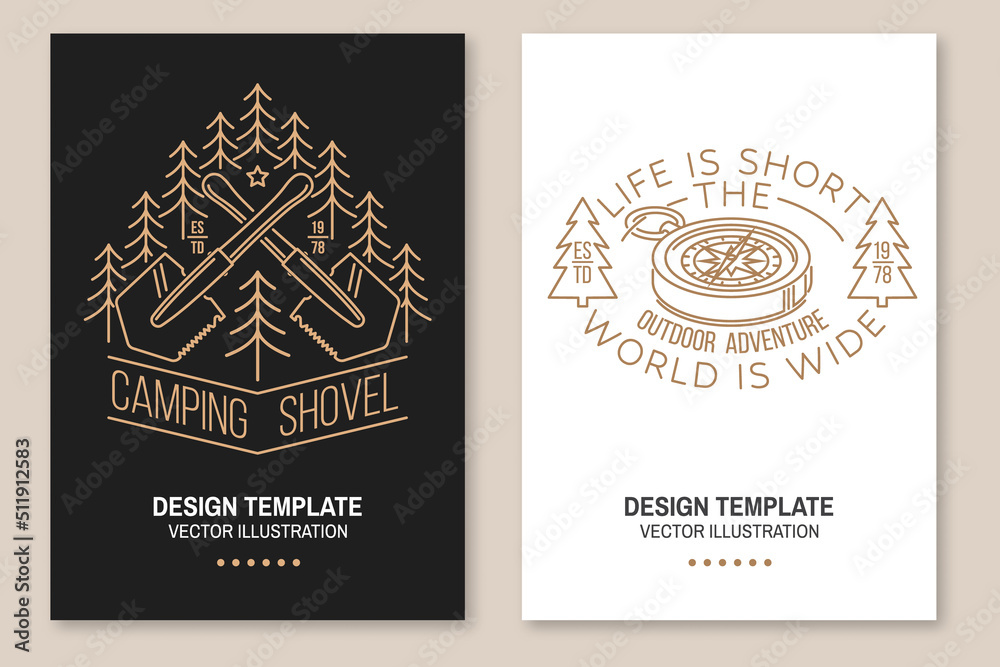 Life is short and the world is wide. Outdoor adventure. Camping quote. Vector. Set of Line art flyer, brochure, banner, poster with camper shovel, retro compass and forest.