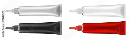 Set of tubes with long nozzle and long cap. Red, white, black and silver. Cosmetic packaging. Serum or ointment. Gel or cream. Vector illustration isolated on a white background