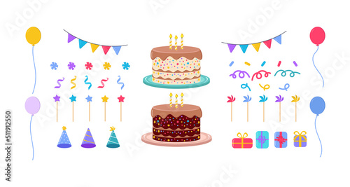   Illustration birthday party vector set. Element for fun anniversary day celebrate,  gift; balloon, cake, party hat; candle; isolated on white.