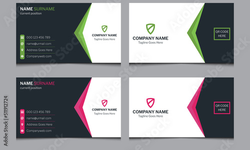 Simple clean unique horizontal professional abstract minimal company creative corporate elegant business name visiting card design template green and pink color.