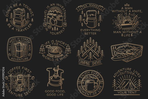 Set of camping badges, patches. Vector illustration Concept for shirt or logo, print, stamp or tee. Vintage line art design with camping equipment, forest, photo camera, primus, kettle, retro compass