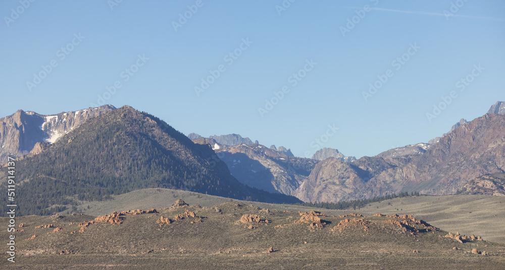 Dry rocky desert mountain landscape with trees. Sunny Morning Sky. California, United States of America. Nature Background.