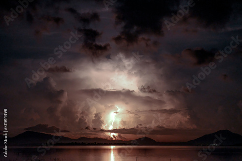 lightning over lake before rainy in mid night