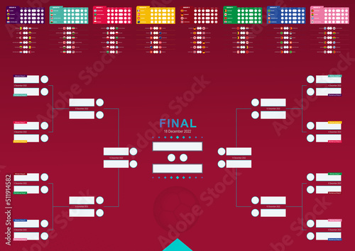 Football results table, countries flags participating in soccer tournament 2022. Tournament bracket template for print or web.