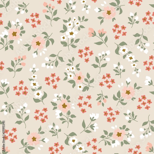 Seamless pattern of a little flowers and branch with leaves. Abstract small flower patter. Vector illustration. © Jellicle
