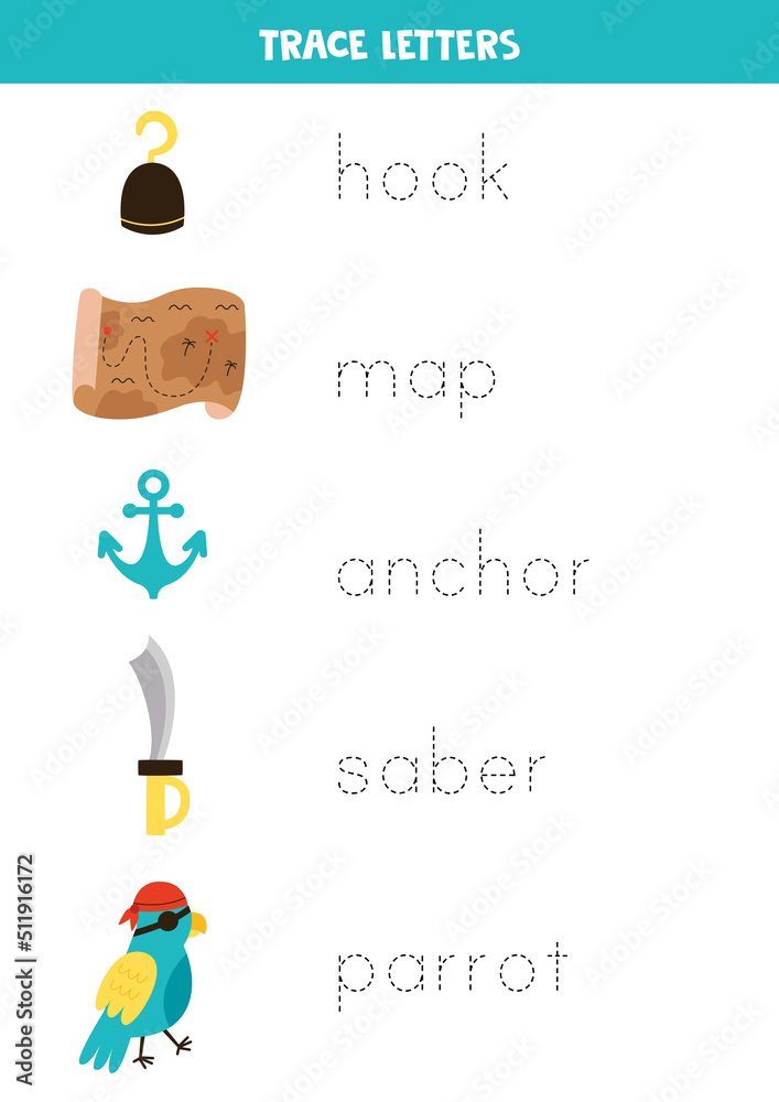 Trace the names of cute pirate elements.