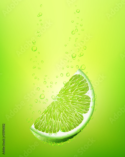 Falling slice lime fruit into water. 3d realistic vector illustration. Packaging design elements. Juicy advertising cut citrus. Cocktail juice.