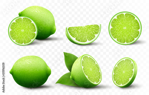 Set of fresh Lime. Whole, half, cut slice lime fruits isolated on transparent background. Summer citrus for healthy lifestyle. Organic fruit. Realistic 3d Vector illustration for any design.