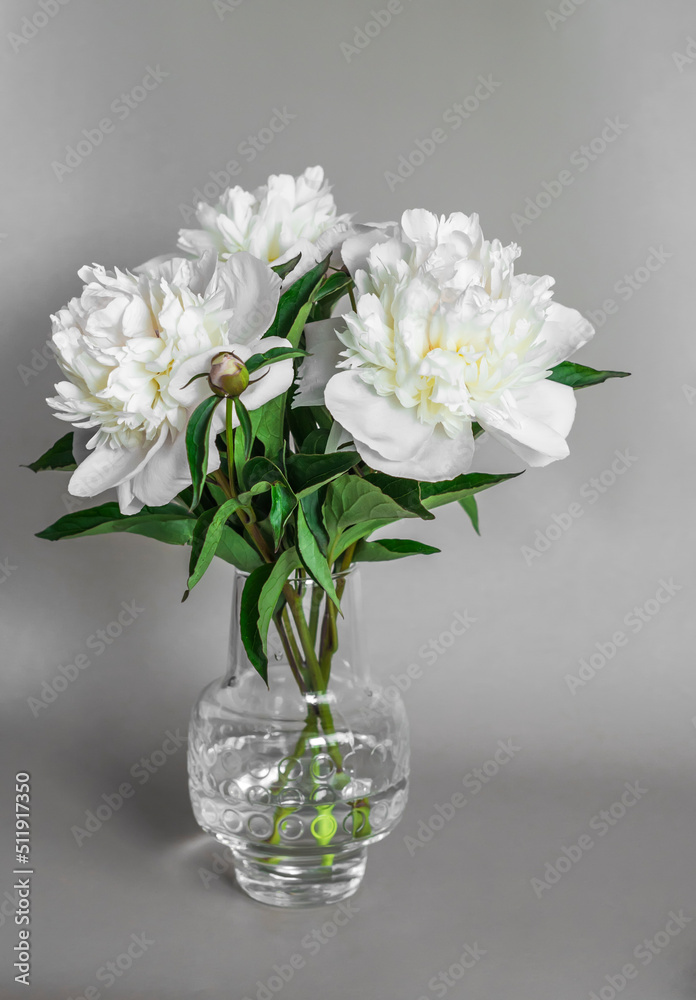 Bouquet of white peonies in a glass vase on a light background. Home decor still life Bouquet of white peonies in a glass vase on a light background. Home decor still life