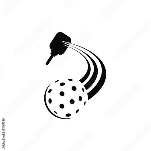 pickleball hit vector illustration. Paddle and ball black and white isolated on white.