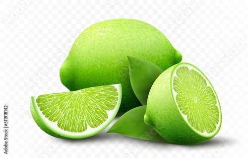 Fresh lime set, with various view of whole lime fruit, halves and slices, isolated on transparent background. Realistic 3d vector illustration
