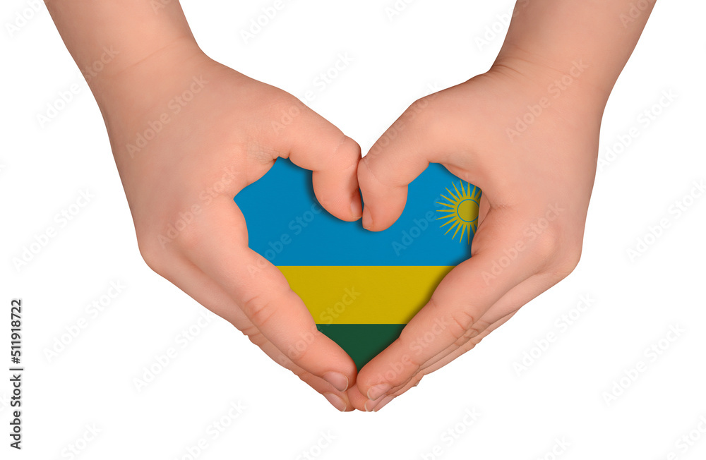 Obraz premium Kid's hands in heart- form. National peace concept on white background. Rwanda