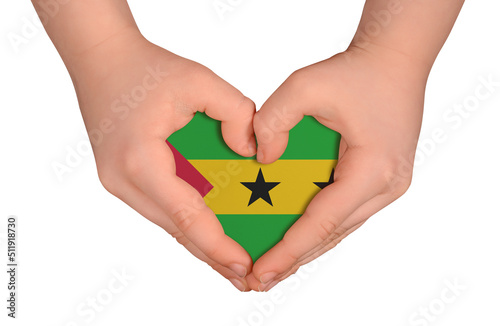 Kid s hands in heart- form. National peace concept on white background. Sao Tome