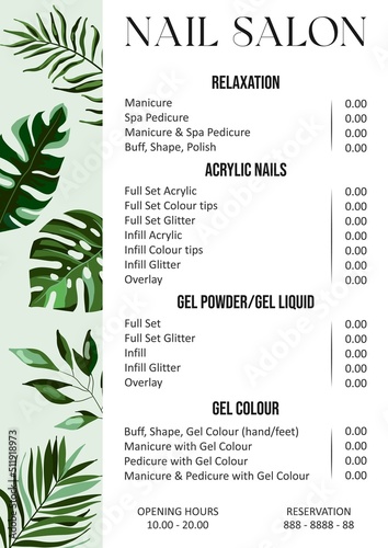 Vector Illustration sticker business card for nail salon decorated with botanical art texture with pricelist and special offer. A4 printable template