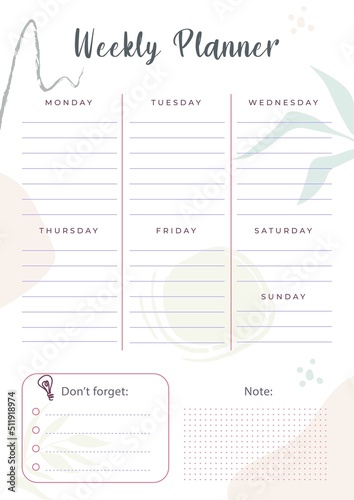 Modern weekly planner printable template with blue ellements. Collection of weekly or daily planner, note paper, to do list, stickers templates. Blank white notebook page A4