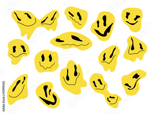 Melting psychedelic smiling faces, dripping groovy characters. Crazy graffiti smile emoji, facial expressions vector illustration set. Dripping smiling emoji faces. Smile psychedelic emoji melting EPS