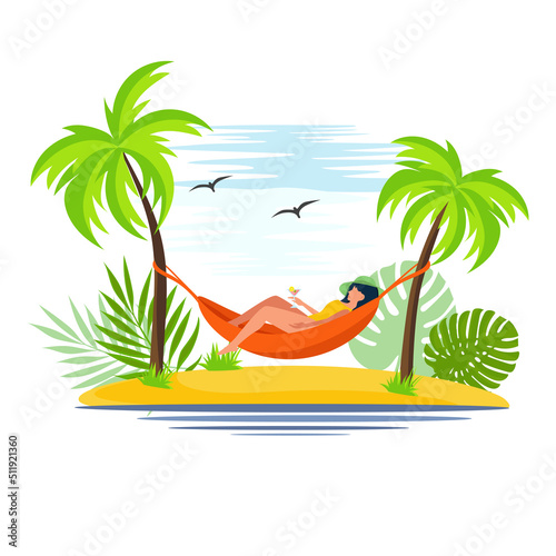 A woman is lying in a hammock. The girl is resting and drinking a martini. Vector illustration