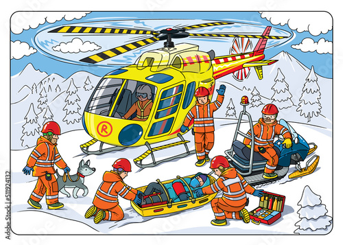 Rescue helicopter and the rescuers. Vector cartoon